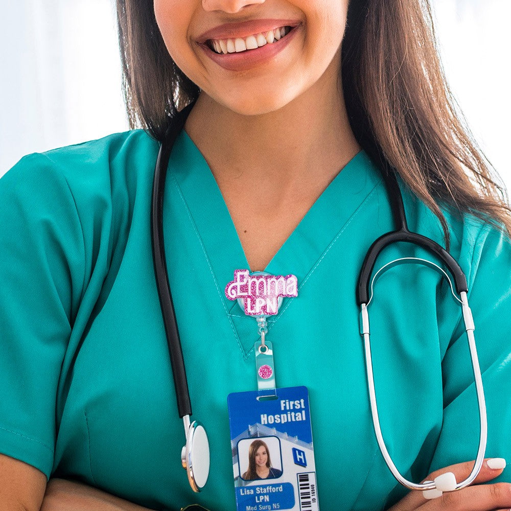 Personalized Name Badge Reel, Custom Pink Doll Font Tags, Acrylic Accessory, Nurses Week Gifts, Gift for Doctors/Medical Students/Teachers