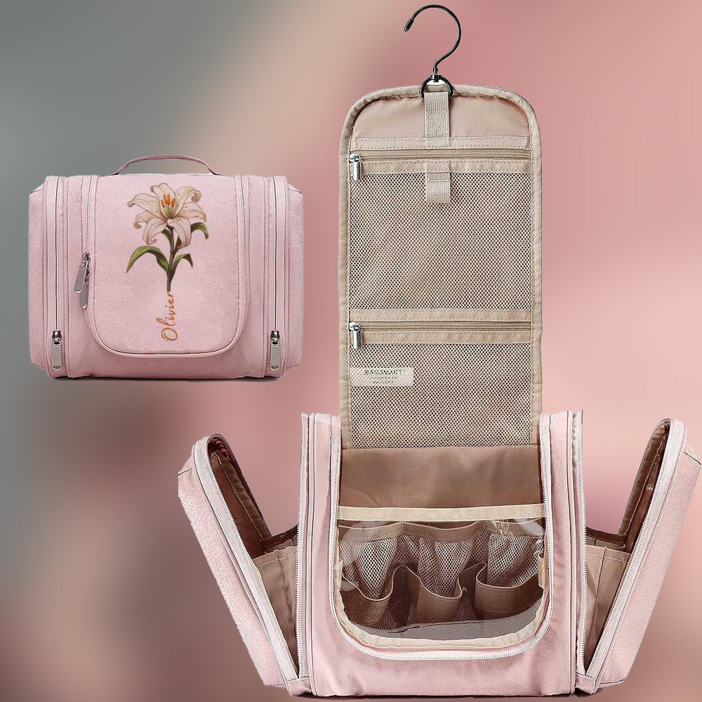 Personalized Name & Birth Flower Toiletry Bag, Travel Toiletry Organizer with Hanging Hook, Travel Accessories, Birthday Gift for Women/Wife/Her