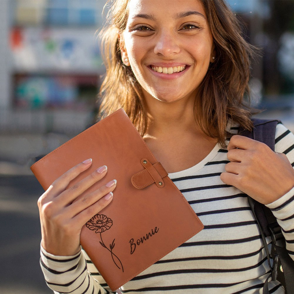 Custom Birth Flower Leather Sketchbook Cover, Traveler's Notebook Sketch Pad Case, Portable Stationery Drawing Pencils Organizer, Gift for Artist