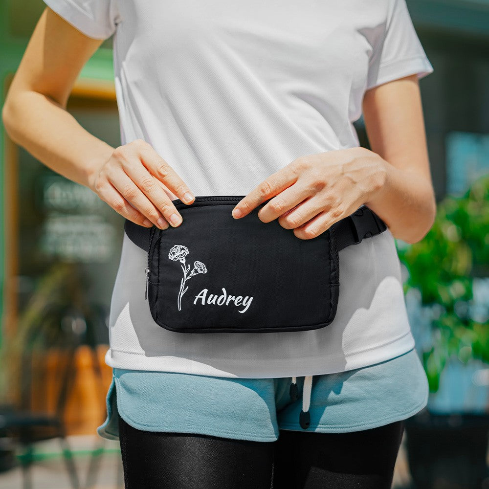 Personalized Birth Flower Waist Belt Bag with Name, Waist Pack with Adjustable Strap, Fanny Bag for Travel/Running/Hiking/Walking, Gift for Women