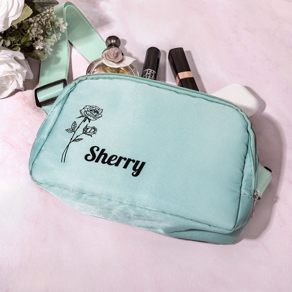 Personalized Birth Flower Waist Belt Bag with Name, Waist Pack with Adjustable Strap, Fanny Bag for Travel/Running/Hiking/Walking, Gift for Women