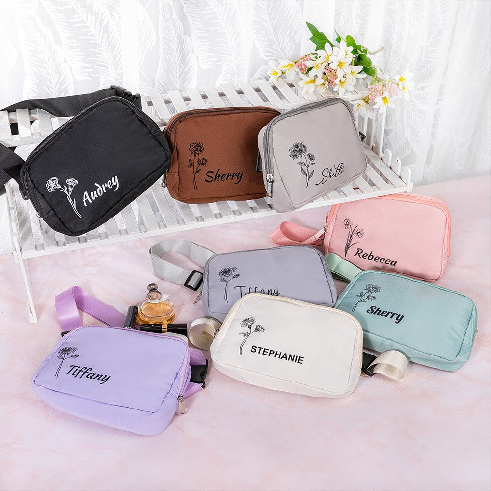 Personalized Birth Flower Waist Belt Bag with Name, Waist Pack with Adjustable Strap, Fanny Bag for Travel/Running/Hiking/Walking, Gift for Women