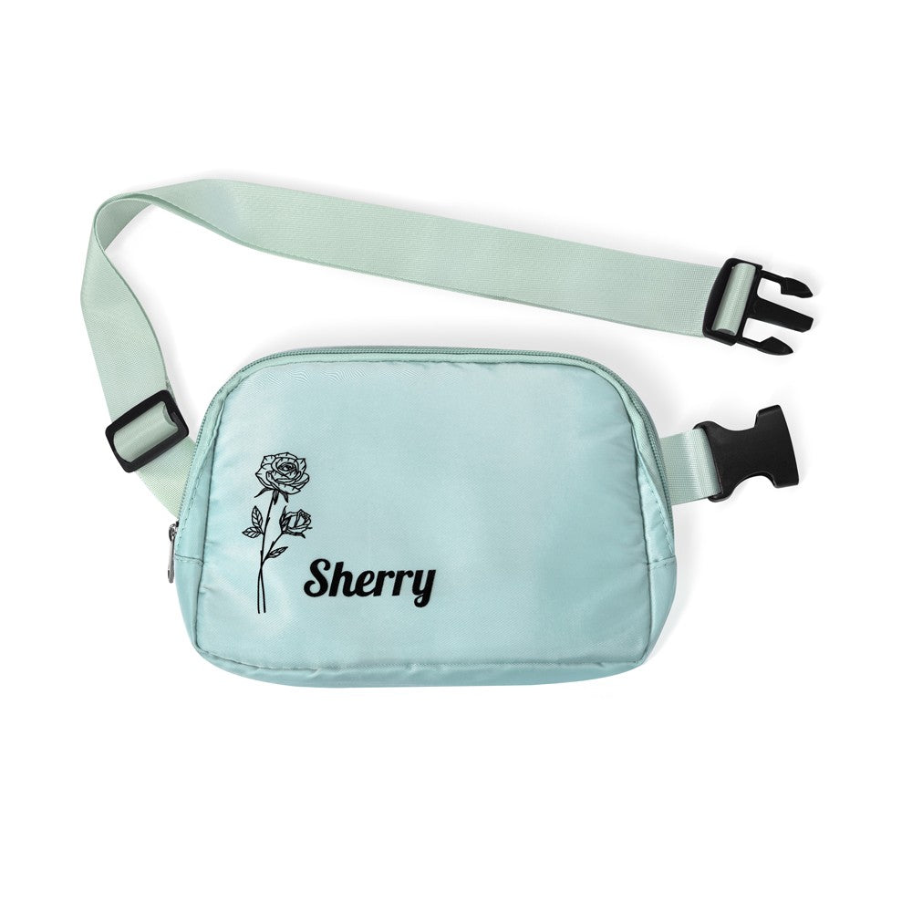 Personalized Birth Flower Waist Belt Bag with Name, Waist Pack with Adjustable Strap, Fanny Bag for Travel/Running/Hiking/Walking, Gift for Women