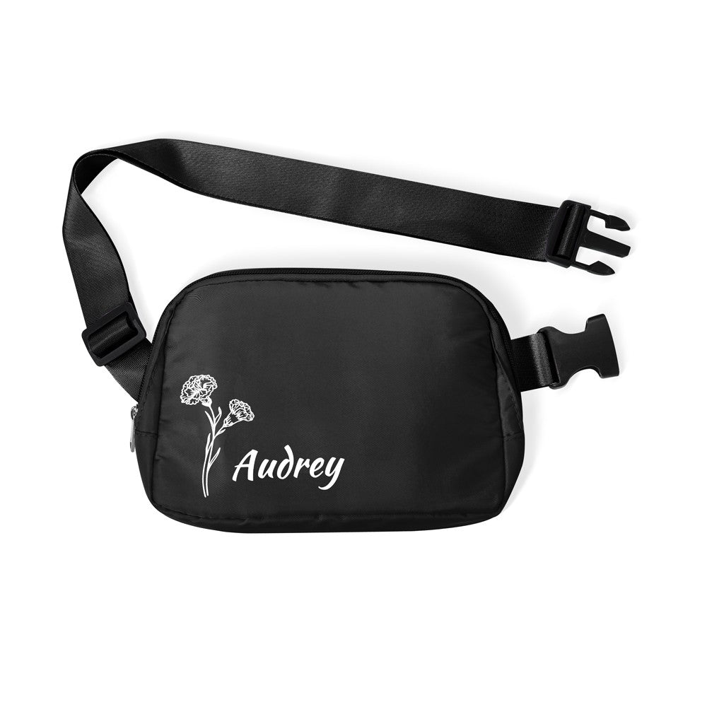 Personalized Birth Flower Waist Belt Bag with Name, Waist Pack with Adjustable Strap, Fanny Bag for Travel/Running/Hiking/Walking, Gift for Women