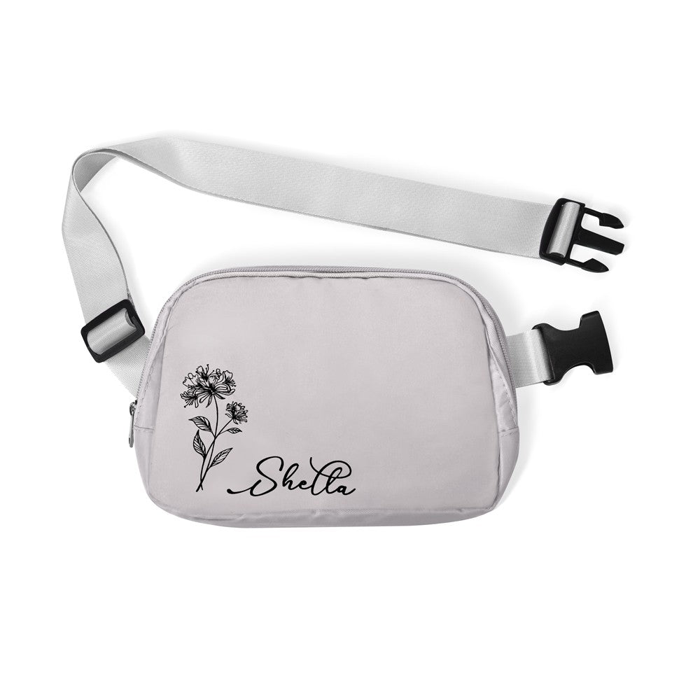Personalized Birth Flower Waist Belt Bag with Name, Waist Pack with Adjustable Strap, Fanny Bag for Travel/Running/Hiking/Walking, Gift for Women