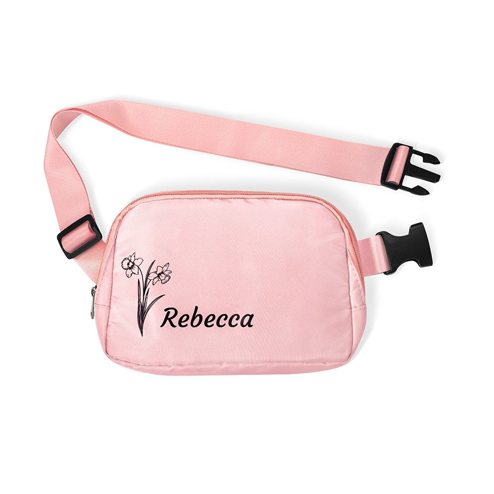 Personalized Birth Flower Waist Belt Bag with Name, Waist Pack with Adjustable Strap, Fanny Bag for Travel/Running/Hiking/Walking, Gift for Women