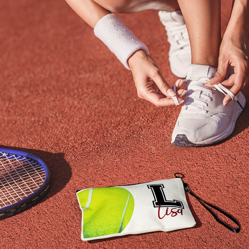 Personalized Name & Initial Sport Makeup Bag, Volleyball/Tennis/Football Bag, Portable Toiletry Bag with Wrist Strap, Gift for Team/Coach/Sport Lover