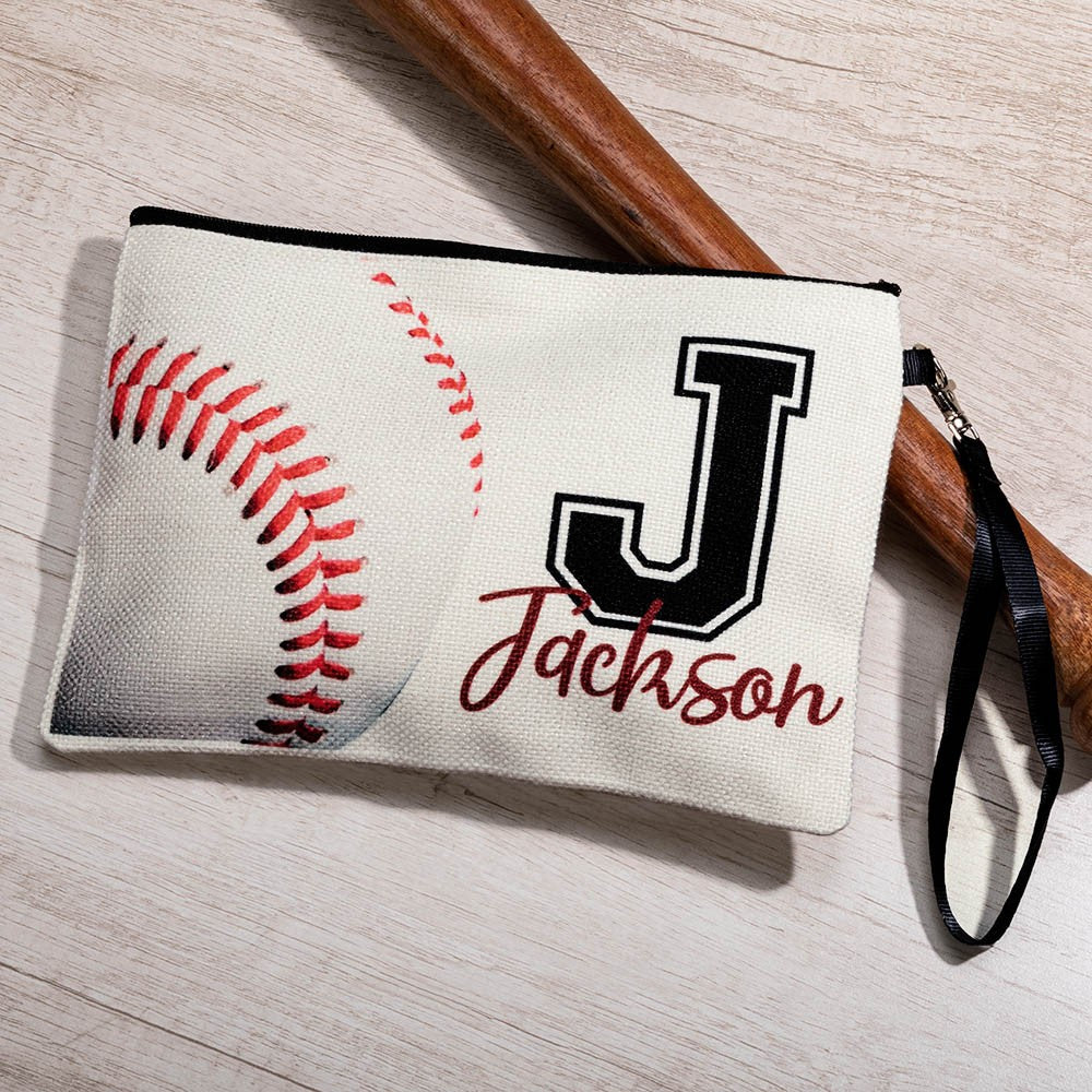Personalized Name & Initial Sport Makeup Bag, Volleyball/Tennis/Football Bag, Portable Toiletry Bag with Wrist Strap, Gift for Team/Coach/Sport Lover