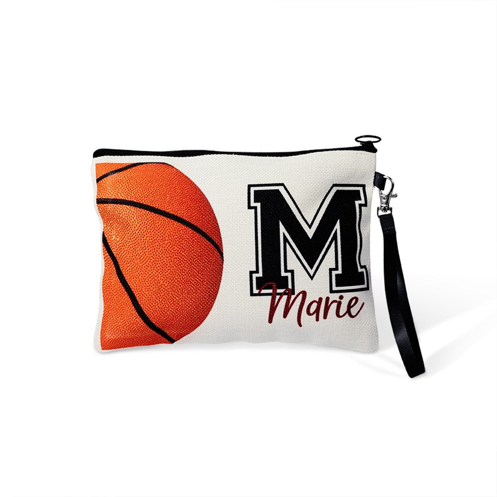 Personalized Name & Initial Sport Makeup Bag, Volleyball/Tennis/Football Bag, Portable Toiletry Bag with Wrist Strap, Gift for Team/Coach/Sport Lover