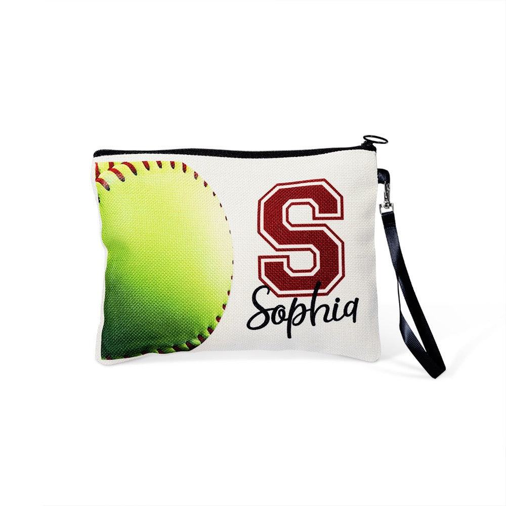 Personalized Name & Initial Sport Makeup Bag, Volleyball/Tennis/Football Bag, Portable Toiletry Bag with Wrist Strap, Gift for Team/Coach/Sport Lover