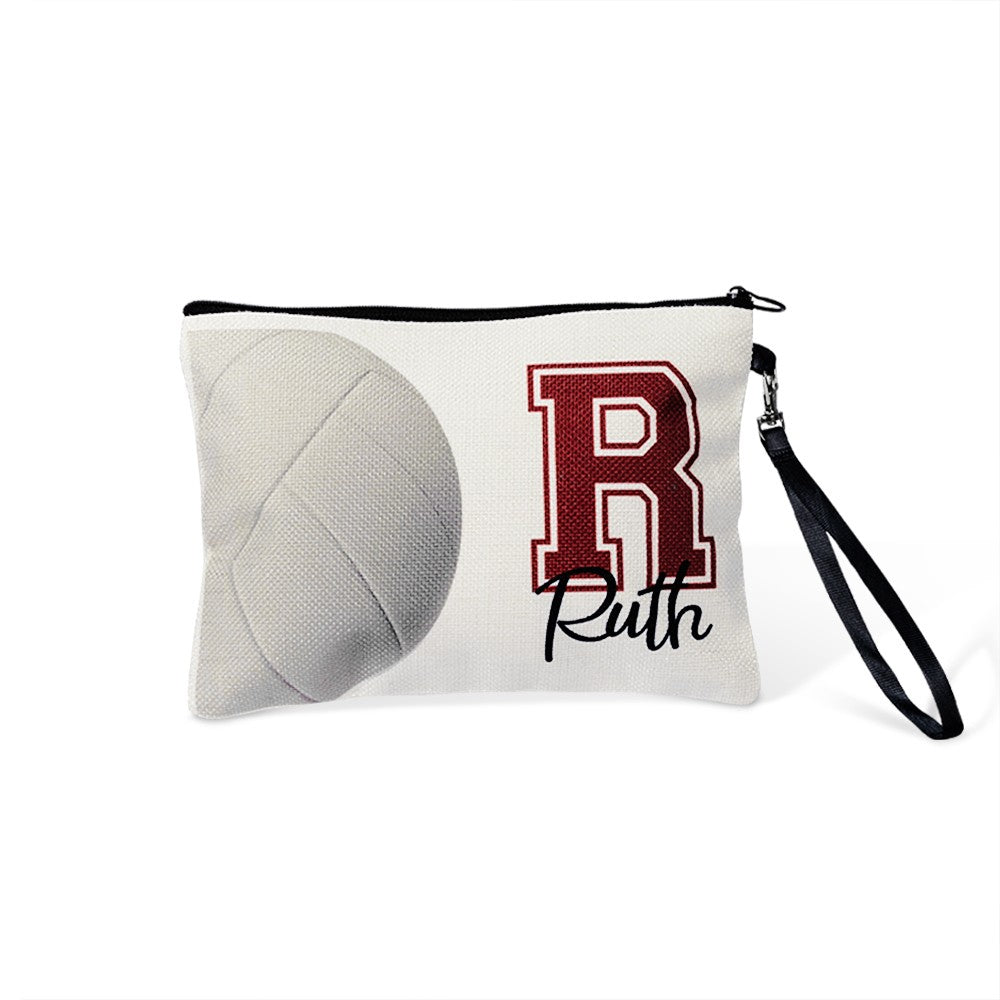 Personalized Name & Initial Sport Makeup Bag, Volleyball/Tennis/Football Bag, Portable Toiletry Bag with Wrist Strap, Gift for Team/Coach/Sport Lover