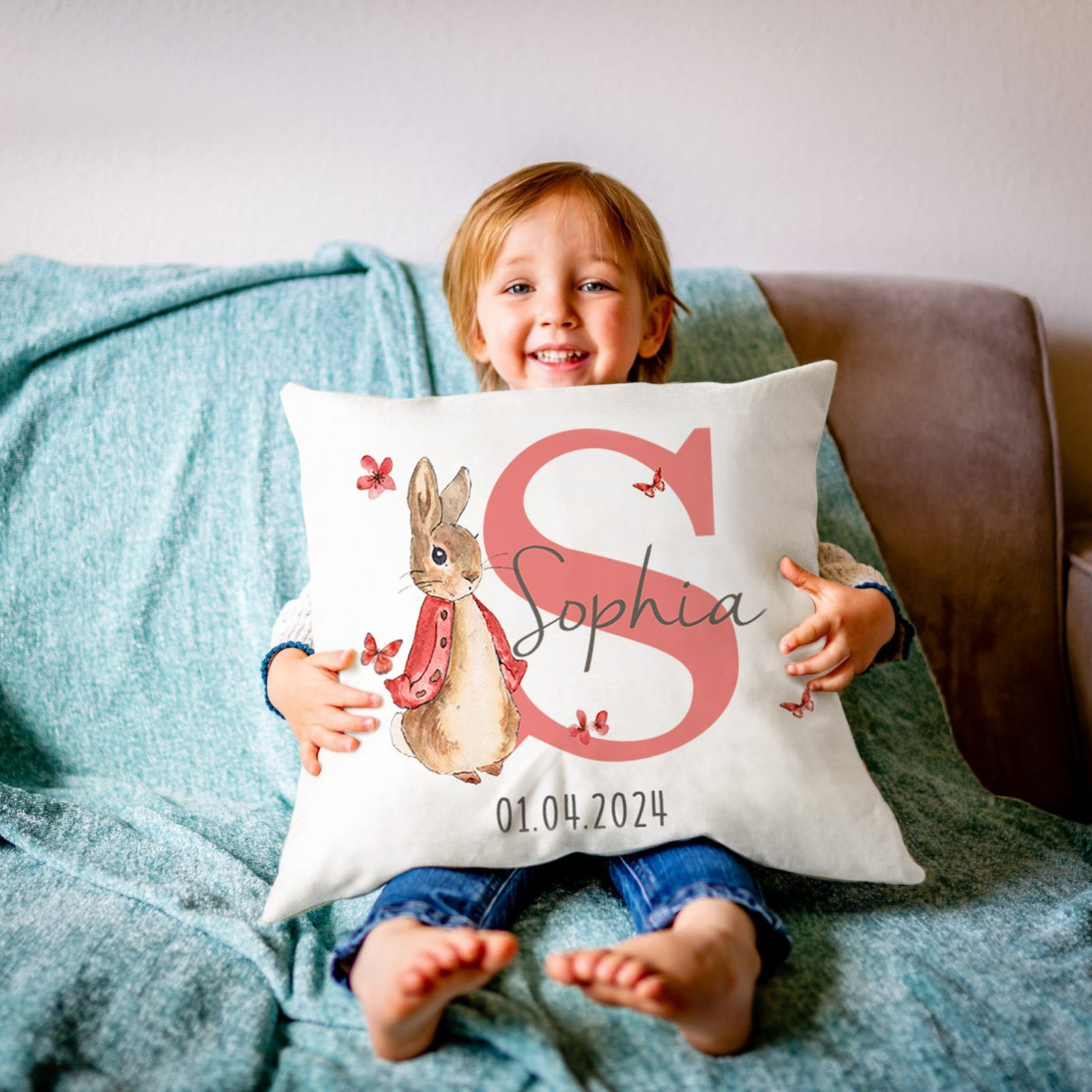 Custom Peter Rabbit Cushion Throw Pillow Case Cover with Name, Personalized Bunny Nursery Decor, New Baby Girl/Boy Gifts, Gifts for Bunny Lovers