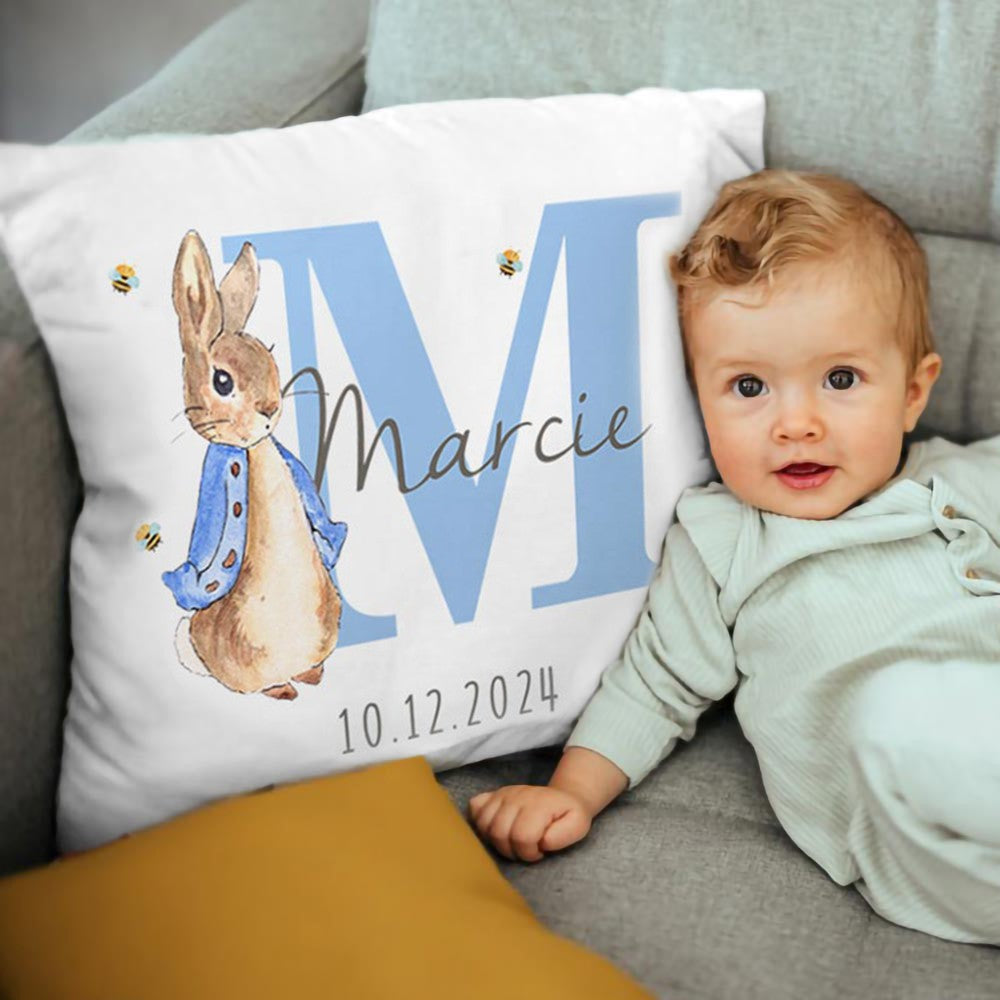 Custom Peter Rabbit Cushion Throw Pillow Case Cover with Name, Personalized Bunny Nursery Decor, New Baby Girl/Boy Gifts, Gifts for Bunny Lovers