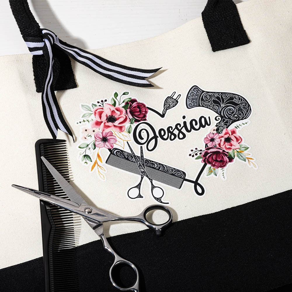 Personalized Floral Hair Stylist Tote Bag with Name, Custom Large Canvas Cosmetology Handbag, Professional Gift for Hairdresser/Hairstylist/Hairapist