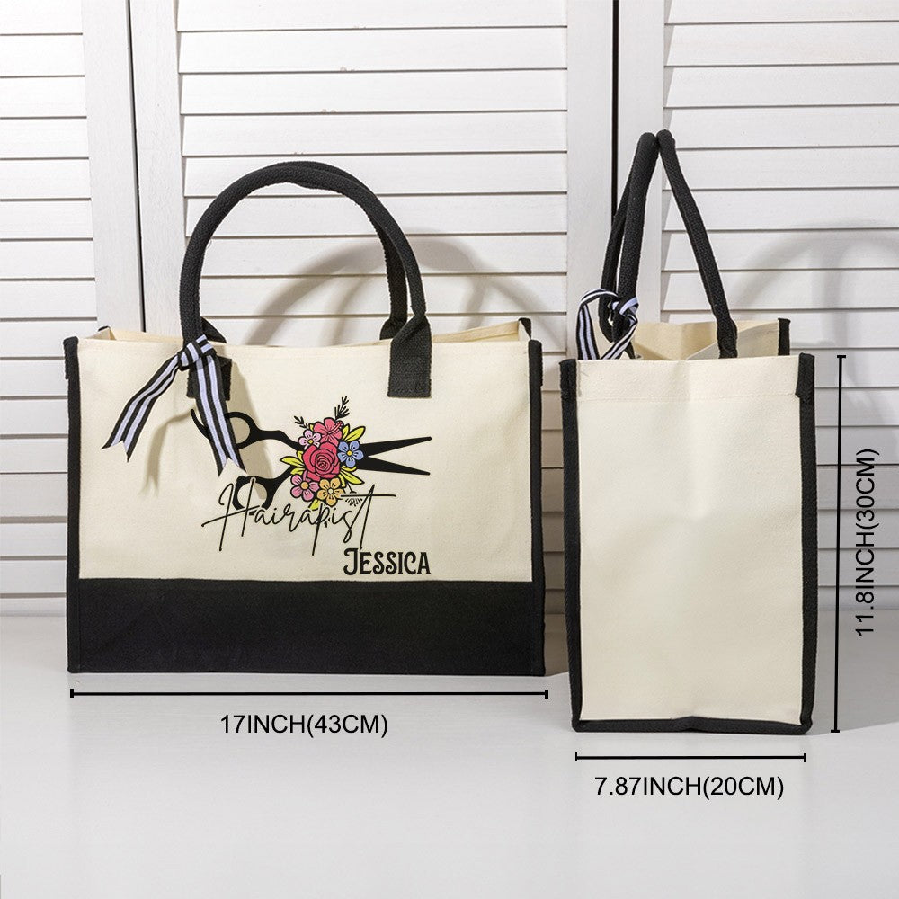 Personalized Floral Hair Stylist Tote Bag with Name, Custom Large Canvas Cosmetology Handbag, Professional Gift for Hairdresser/Hairstylist/Hairapist
