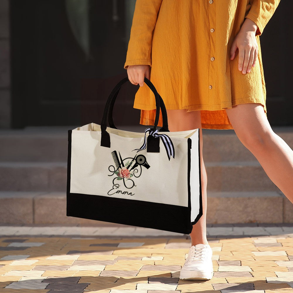 Personalized Floral Hair Stylist Tote Bag with Name, Custom Large Canvas Cosmetology Handbag, Professional Gift for Hairdresser/Hairstylist/Hairapist