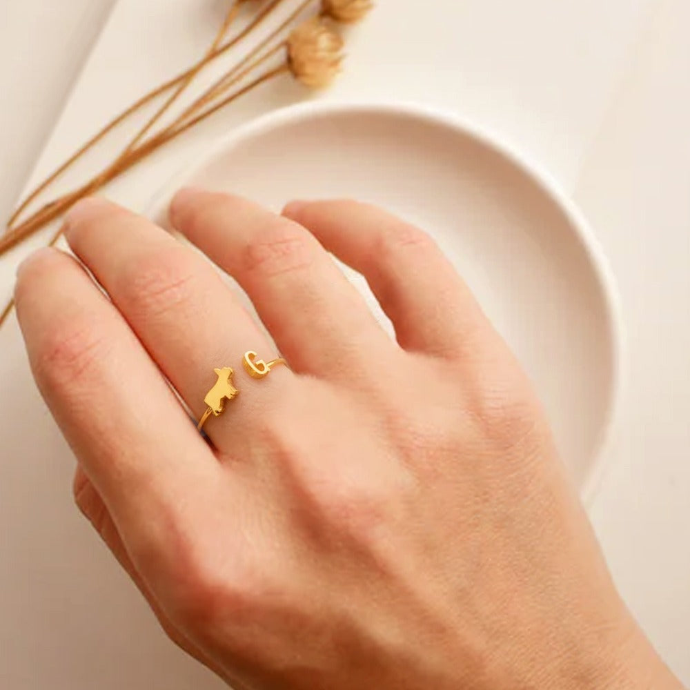 Personalized Pet Initial Ring, Open Letter Ring, Custom Dog Mom Gift, Cat/Horse/Rabbit/Bird/Fish Ring for Women, Memorial Jewelry, Gift for Pet Loss