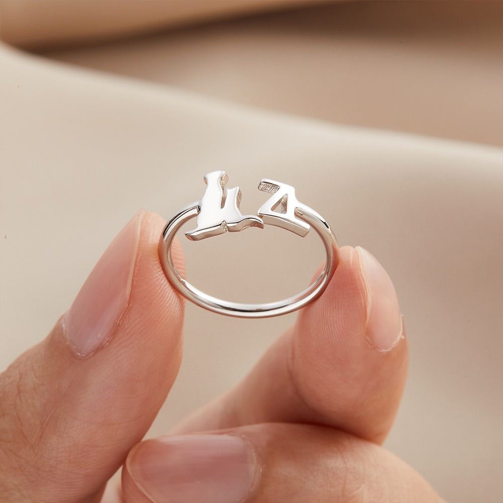 Personalized Pet Initial Ring, Open Letter Ring, Custom Dog Mom Gift, Cat/Horse/Rabbit/Bird/Fish Ring for Women, Memorial Jewelry, Gift for Pet Loss
