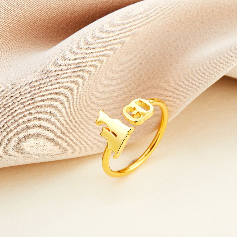 Personalized Pet Initial Ring, Open Letter Ring, Custom Dog Mom Gift, Cat/Horse/Rabbit/Bird/Fish Ring for Women, Memorial Jewelry, Gift for Pet Loss