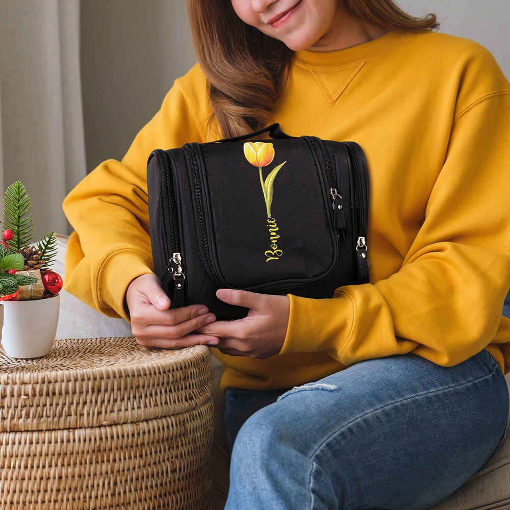 Personalized Name & Birth Flower Toiletry Bag, Travel Toiletry Organizer with Hanging Hook, Travel Accessories, Birthday Gift for Women/Wife/Her