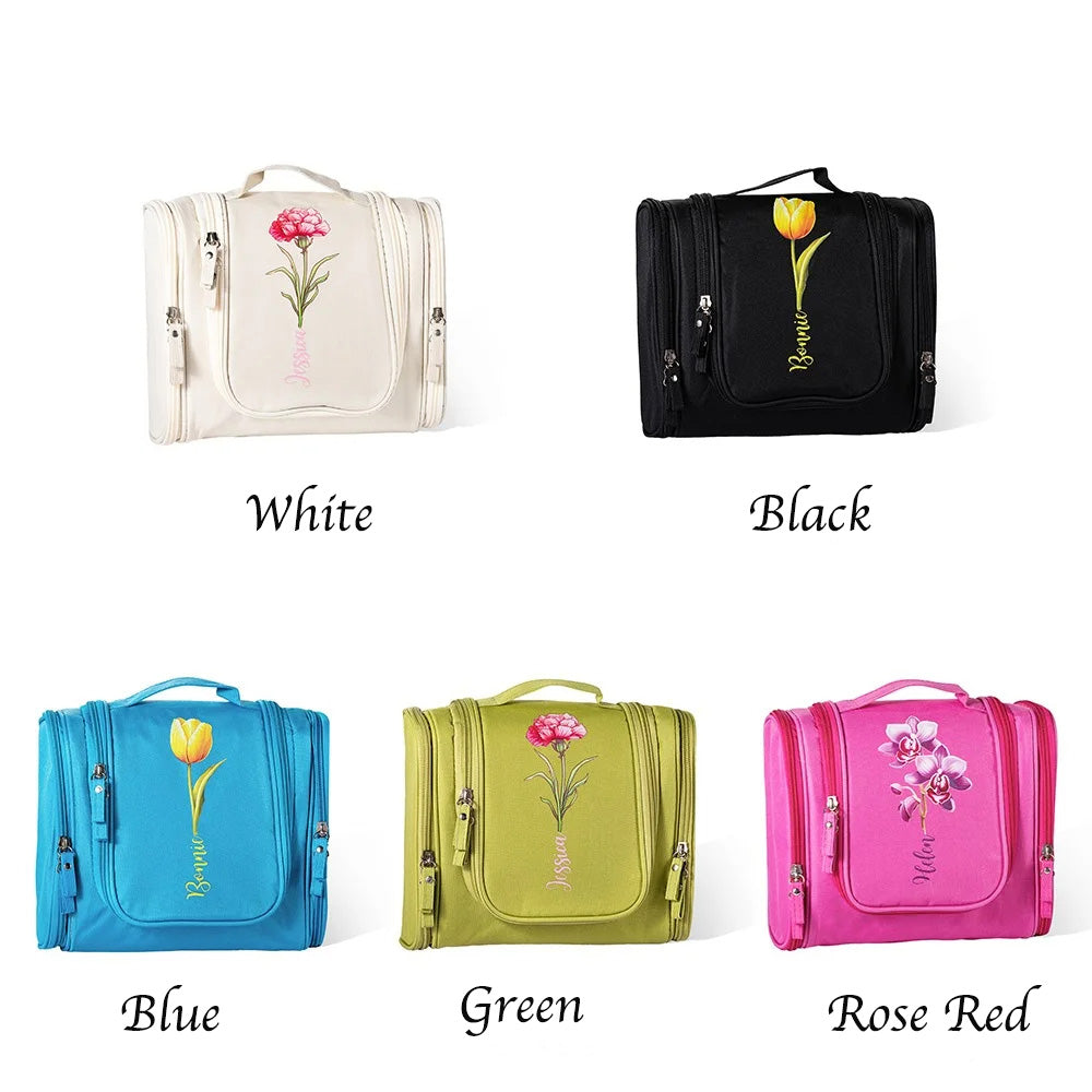 Personalized Name & Birth Flower Toiletry Bag, Travel Toiletry Organizer with Hanging Hook, Travel Accessories, Birthday Gift for Women/Wife/Her