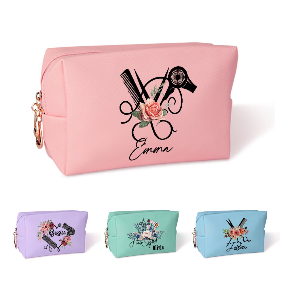 Personalized Barber Floral Toiletry Bag, Makeup Cosmetic Travel Pouch with Zipper, Hair Salon Favor, Gift for Hairstylist/Hairdresser/Cosmetologist
