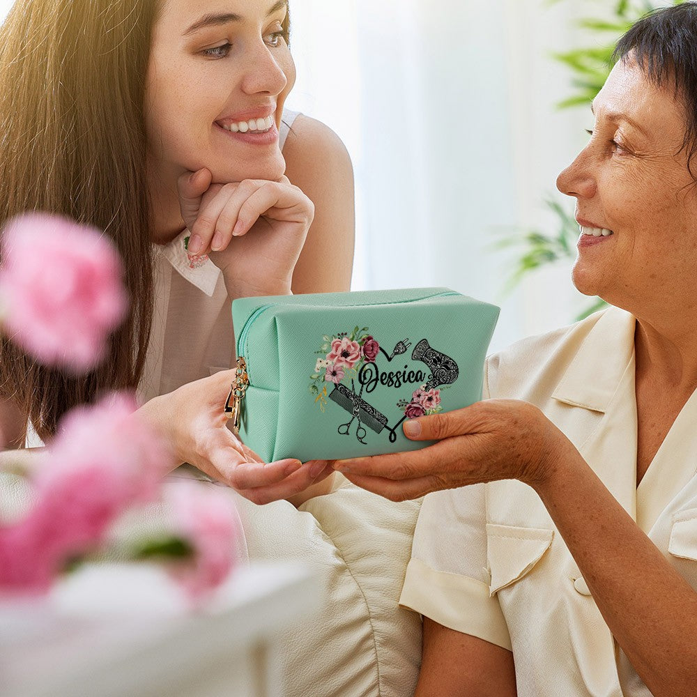 Personalized Barber Floral Toiletry Bag, Makeup Cosmetic Travel Pouch with Zipper, Hair Salon Favor, Gift for Hairstylist/Hairdresser/Cosmetologist