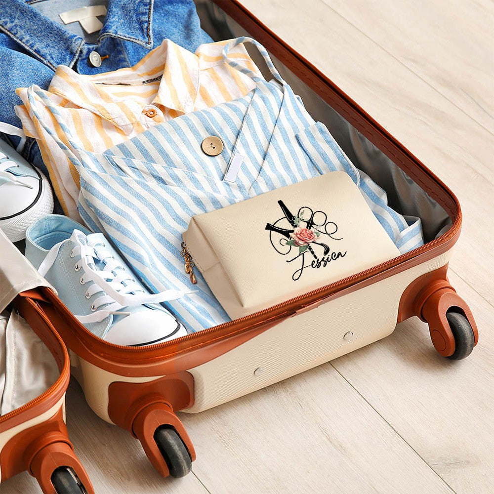 Personalized Barber Floral Toiletry Bag, Makeup Cosmetic Travel Pouch with Zipper, Hair Salon Favor, Gift for Hairstylist/Hairdresser/Cosmetologist