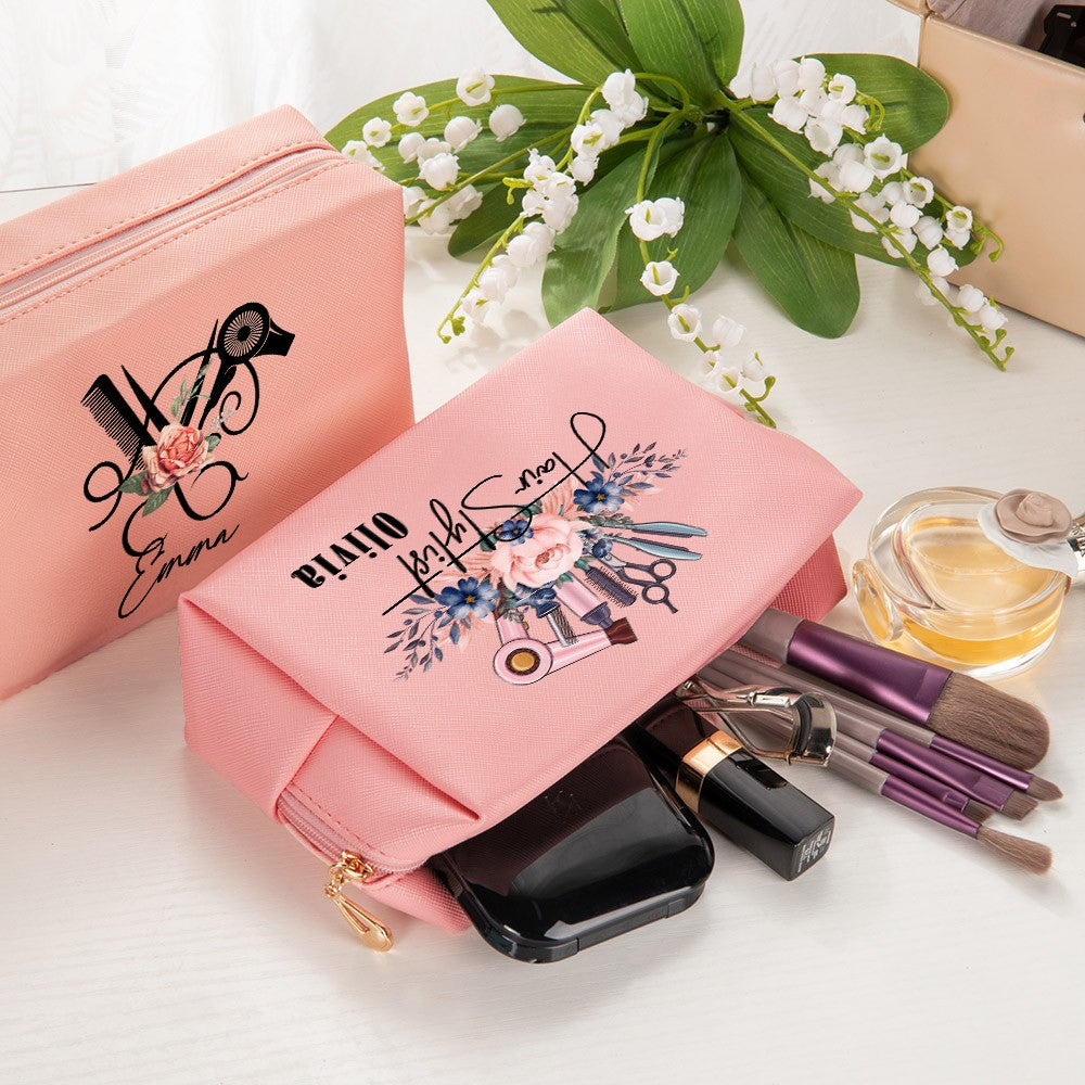 Personalized Barber Floral Toiletry Bag, Makeup Cosmetic Travel Pouch with Zipper, Hair Salon Favor, Gift for Hairstylist/Hairdresser/Cosmetologist