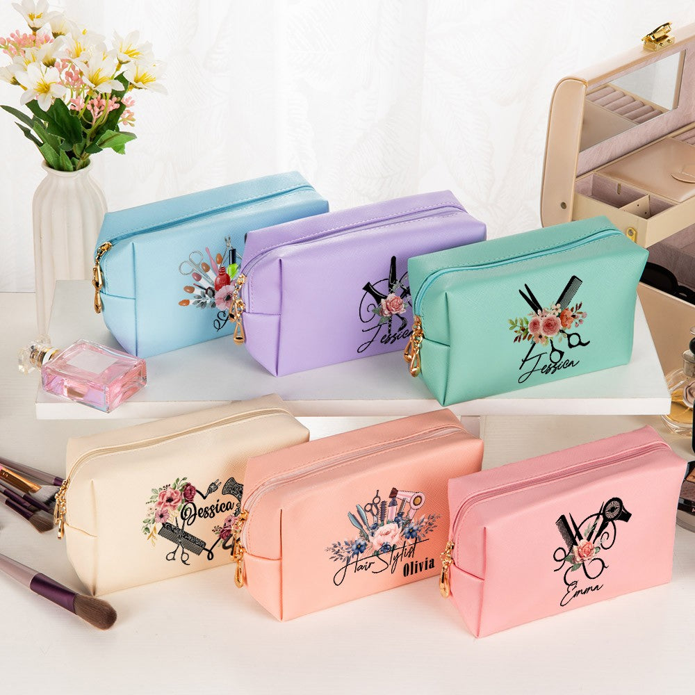 Personalized Barber Floral Toiletry Bag, Makeup Cosmetic Travel Pouch with Zipper, Hair Salon Favor, Gift for Hairstylist/Hairdresser/Cosmetologist