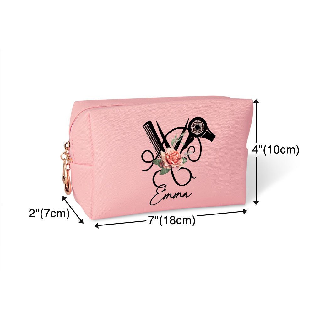 Personalized Barber Floral Toiletry Bag, Makeup Cosmetic Travel Pouch with Zipper, Hair Salon Favor, Gift for Hairstylist/Hairdresser/Cosmetologist