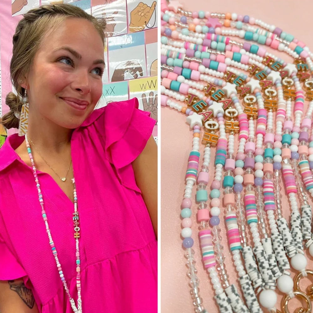 Personalized Teacher Lanyard, Beaded Wooden, Teacher Lanyard with Name, Custom Lanyard Teacher/Teacher’s AideGift for Her ID Badge Holder