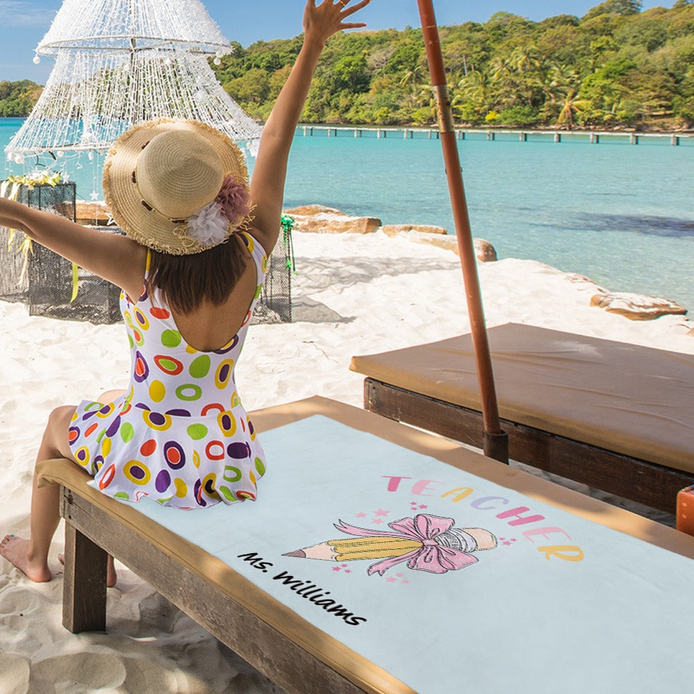 Personalized Pink Coquette Bow Pencil Beach Towel with Teacher's Name, Teacher's Soft Towel, Teacher's Day/Appreciation/Christmas Gift for Teachers