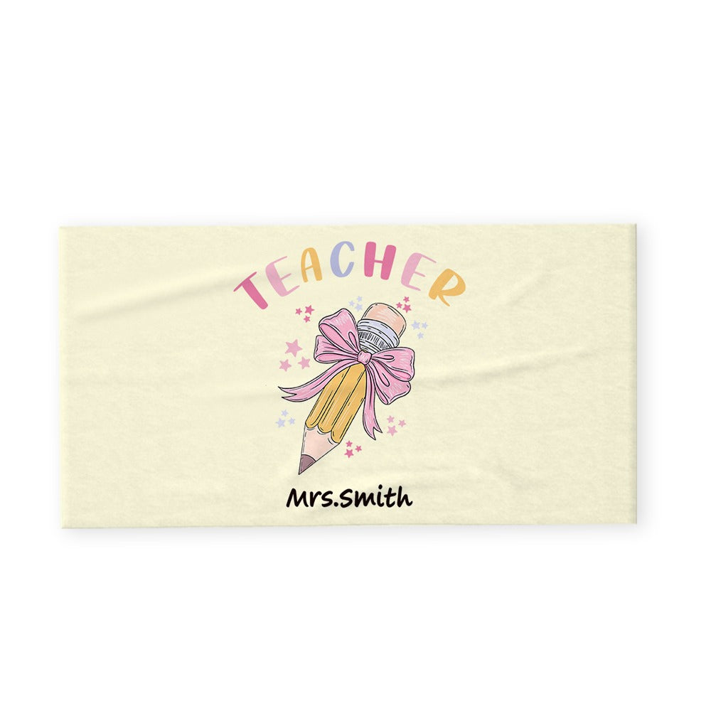 Personalized Pink Coquette Bow Pencil Beach Towel with Teacher's Name, Teacher's Soft Towel, Teacher's Day/Appreciation/Christmas Gift for Teachers