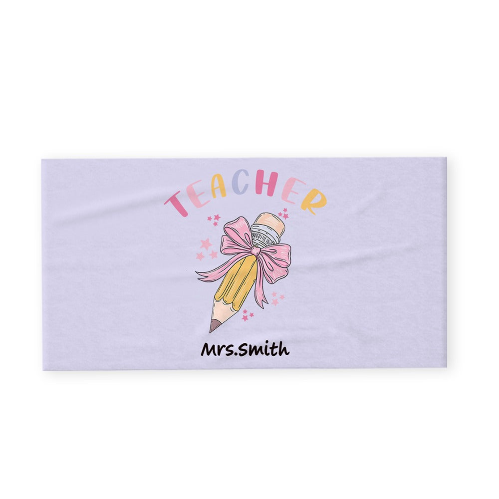 Personalized Pink Coquette Bow Pencil Beach Towel with Teacher's Name, Teacher's Soft Towel, Teacher's Day/Appreciation/Christmas Gift for Teachers