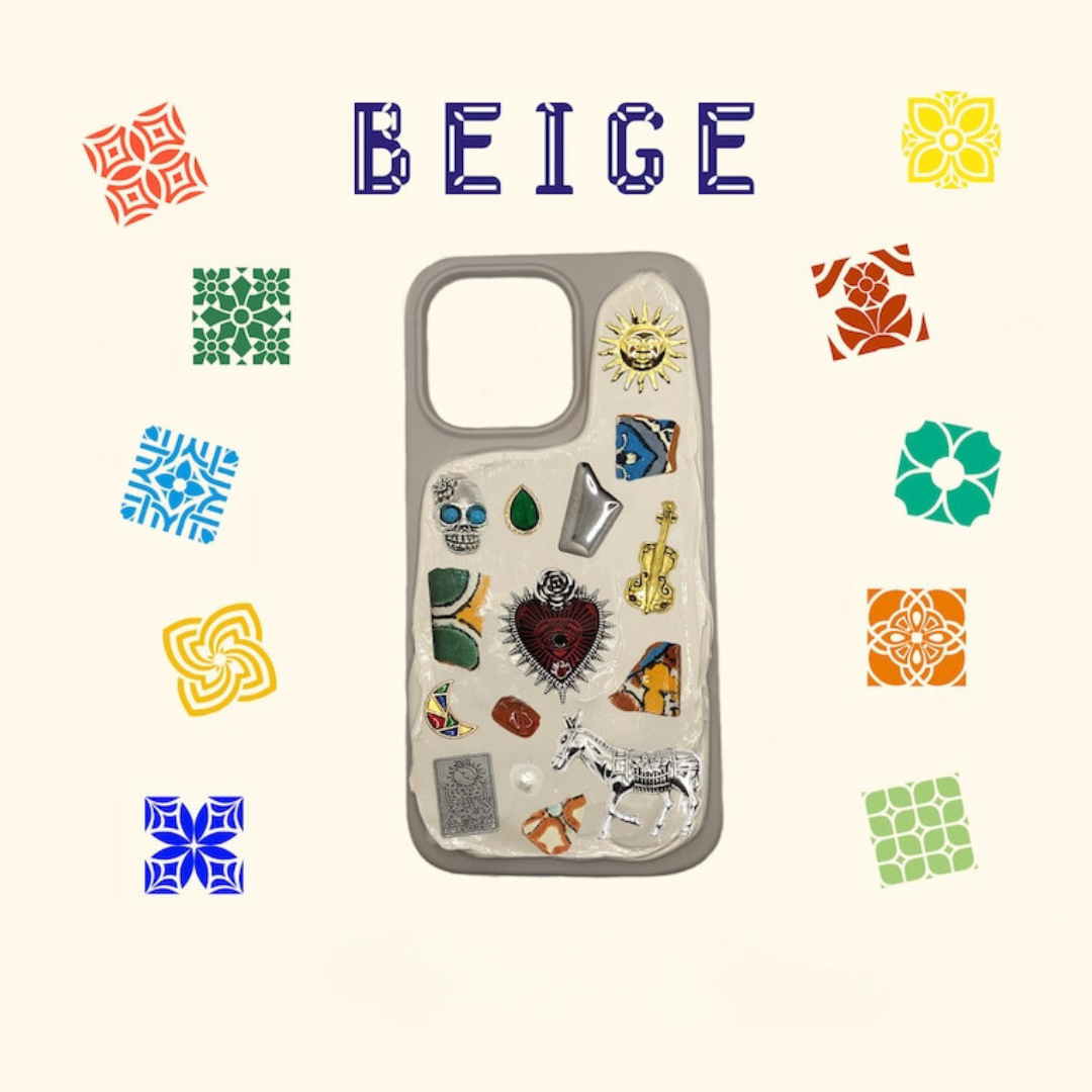 iPhone Phone Case Handmade Decoden Mexican Talavera Mosaic Vintage Jewelry Trinket Milagritos Stone Beige White Black Cover