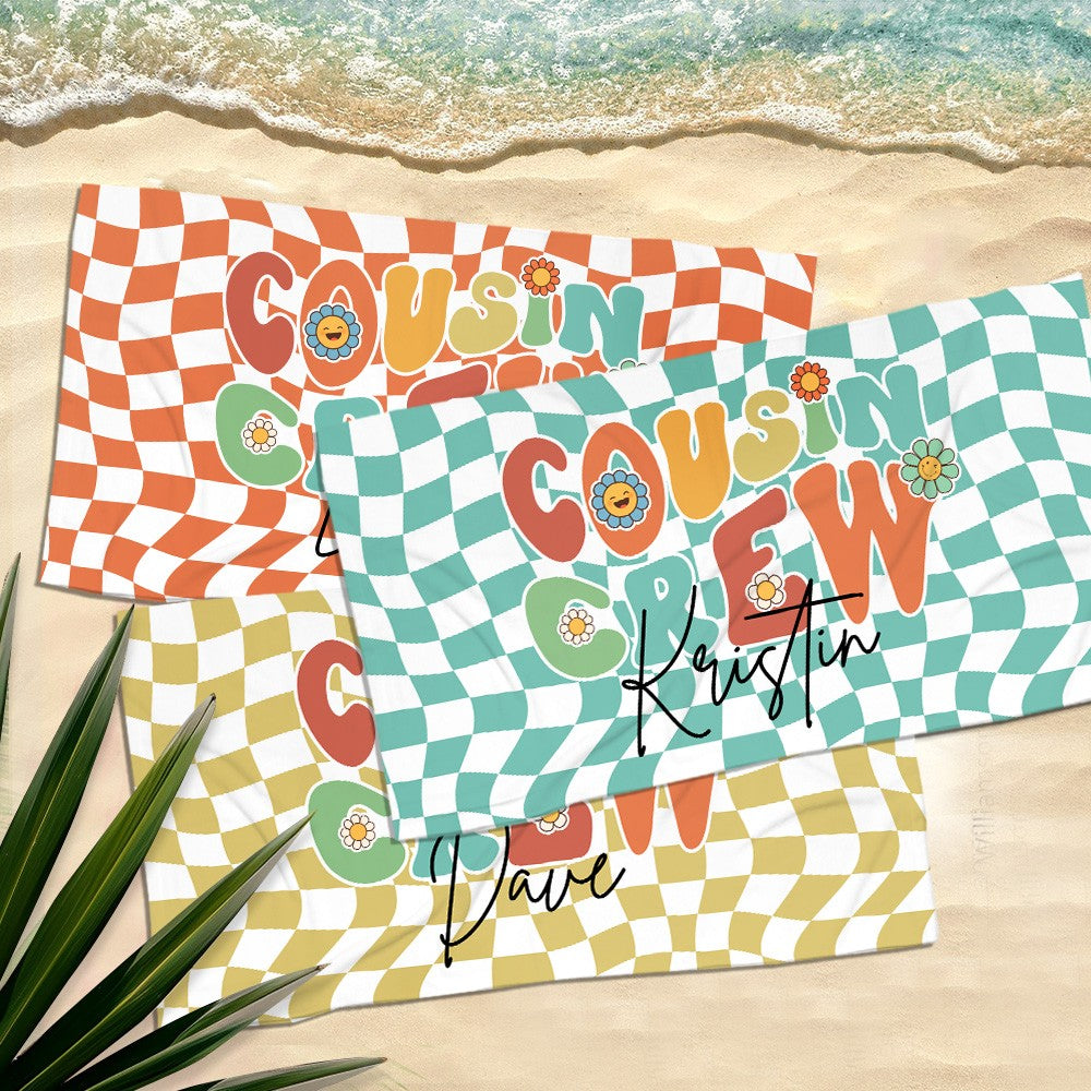 Personalized Groovy Cousin Crew Plaid Beach Towel, Perfect for Family Outings