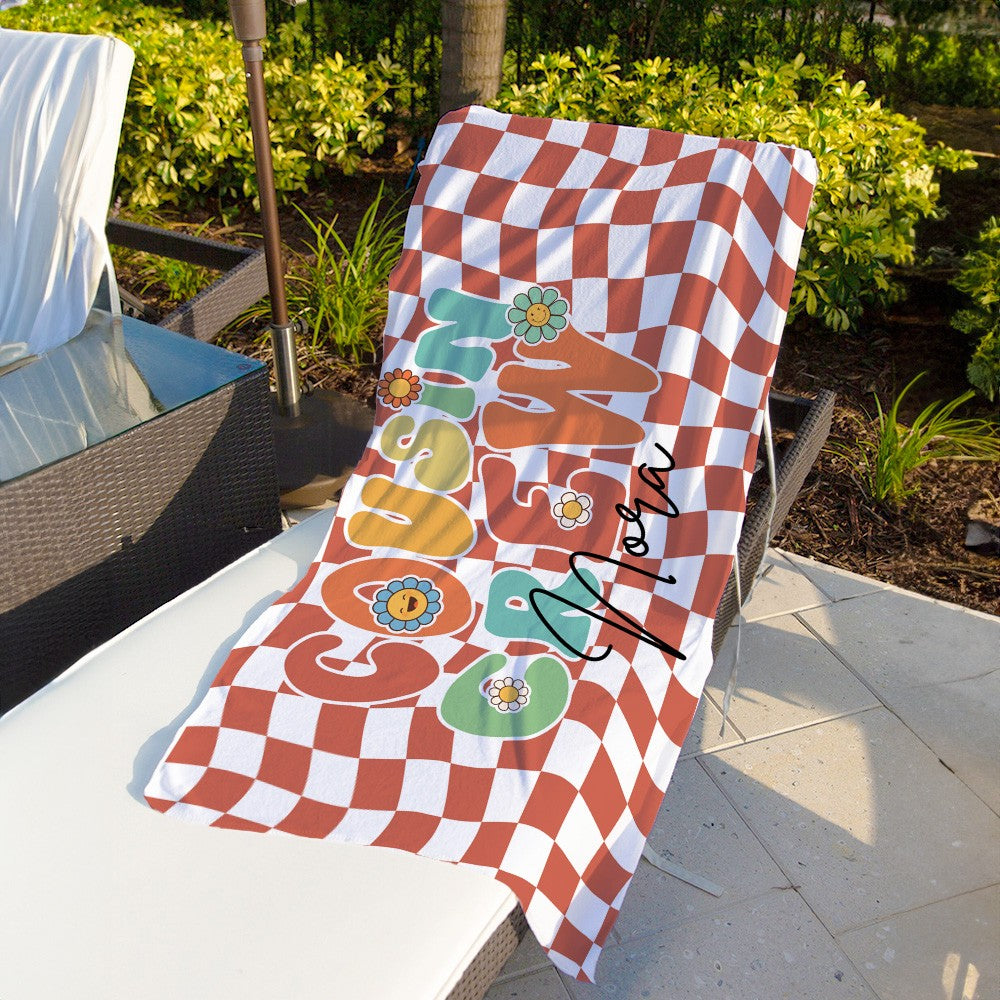 Personalized Groovy Cousin Crew Plaid Beach Towel, Perfect for Family Outings