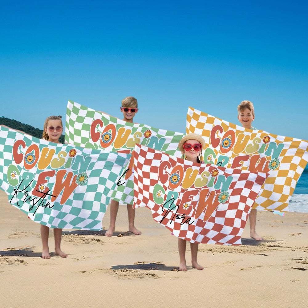 Personalized Groovy Cousin Crew Plaid Beach Towel, Perfect for Family Outings