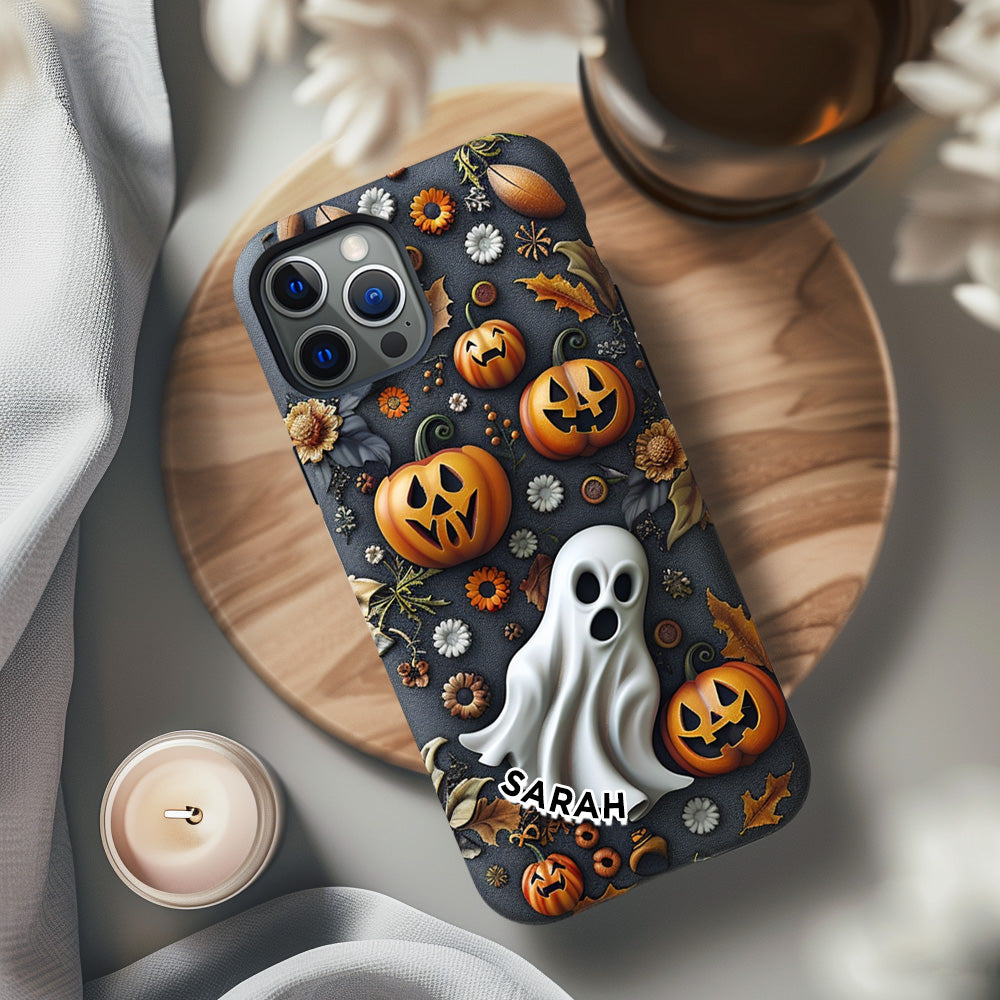 Personalized Name Halloween Pumpkin Ghost Phone Case, iPhone, Pixel, Samsung