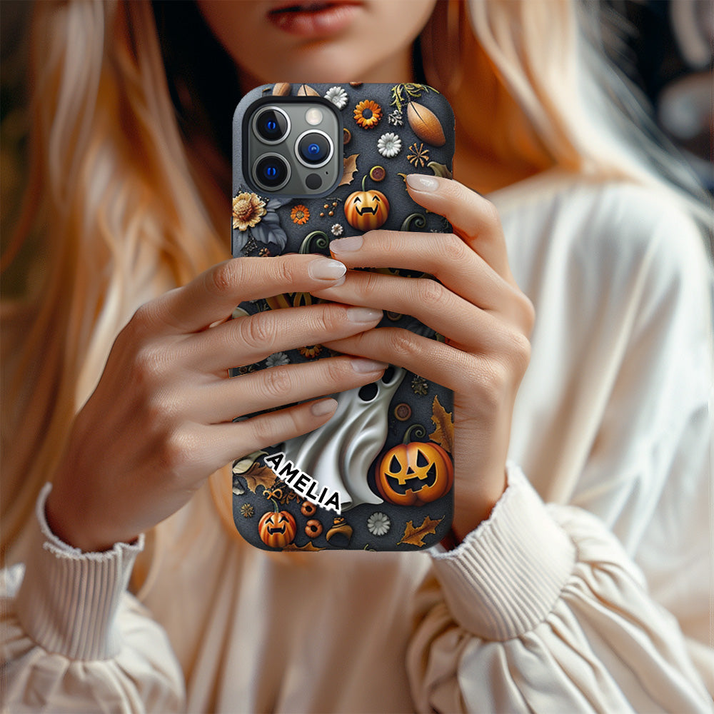 Personalized Name Halloween Pumpkin Ghost Phone Case, iPhone, Pixel, Samsung