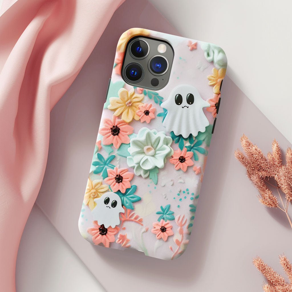 Personalized Name Floral Ghost Charm Phone Case, Cute Ghost & Flower Design, iPhone, Pixel, Samsung