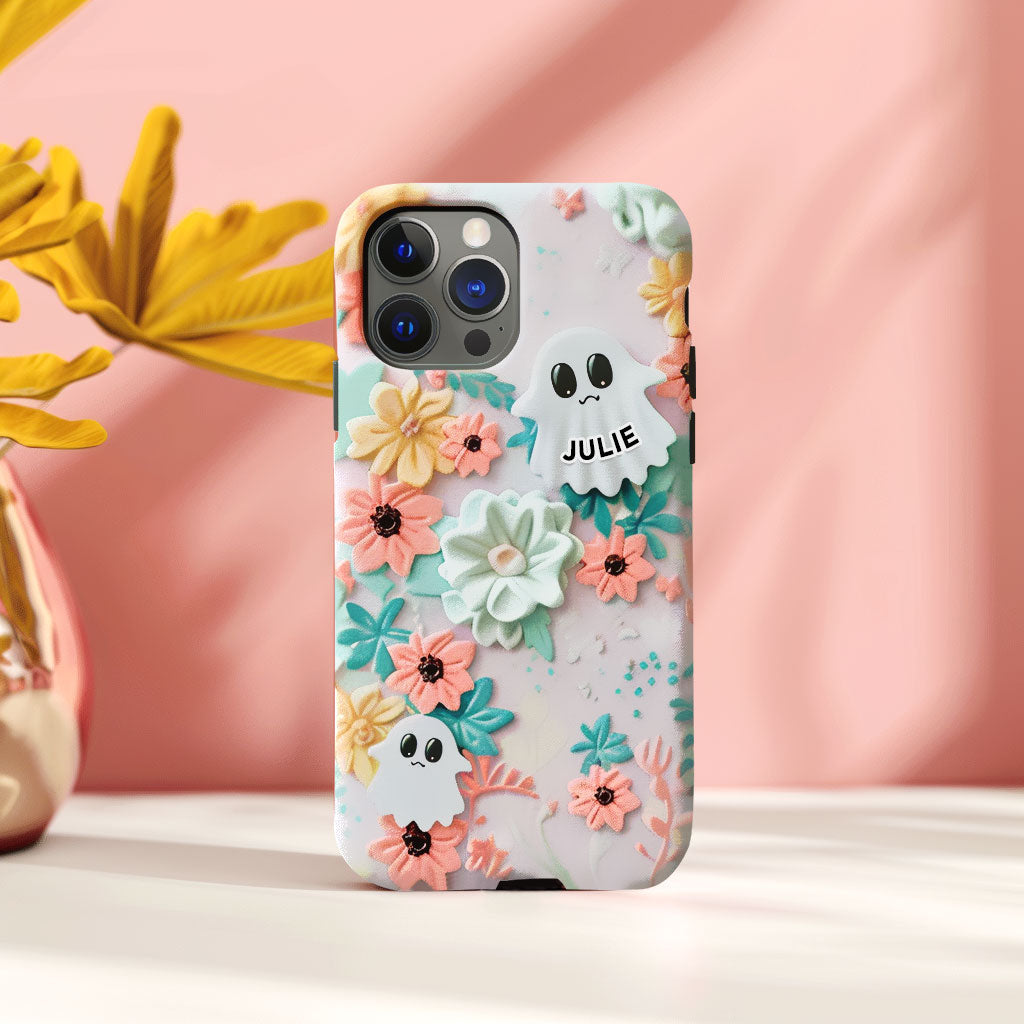 Personalized Name Floral Ghost Charm Phone Case, Cute Ghost & Flower Design, iPhone, Pixel, Samsung