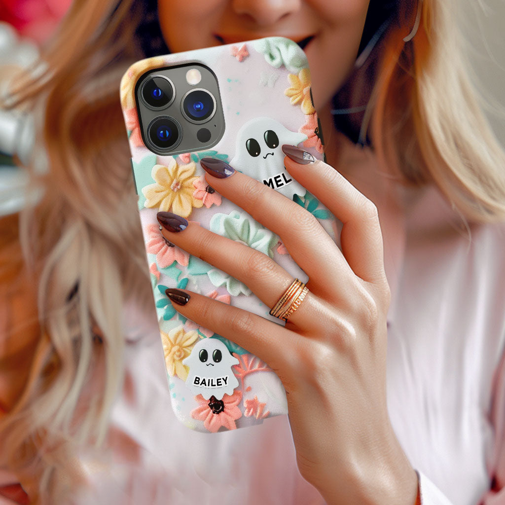 Personalized Name Floral Ghost Charm Phone Case, Cute Ghost & Flower Design, iPhone, Pixel, Samsung