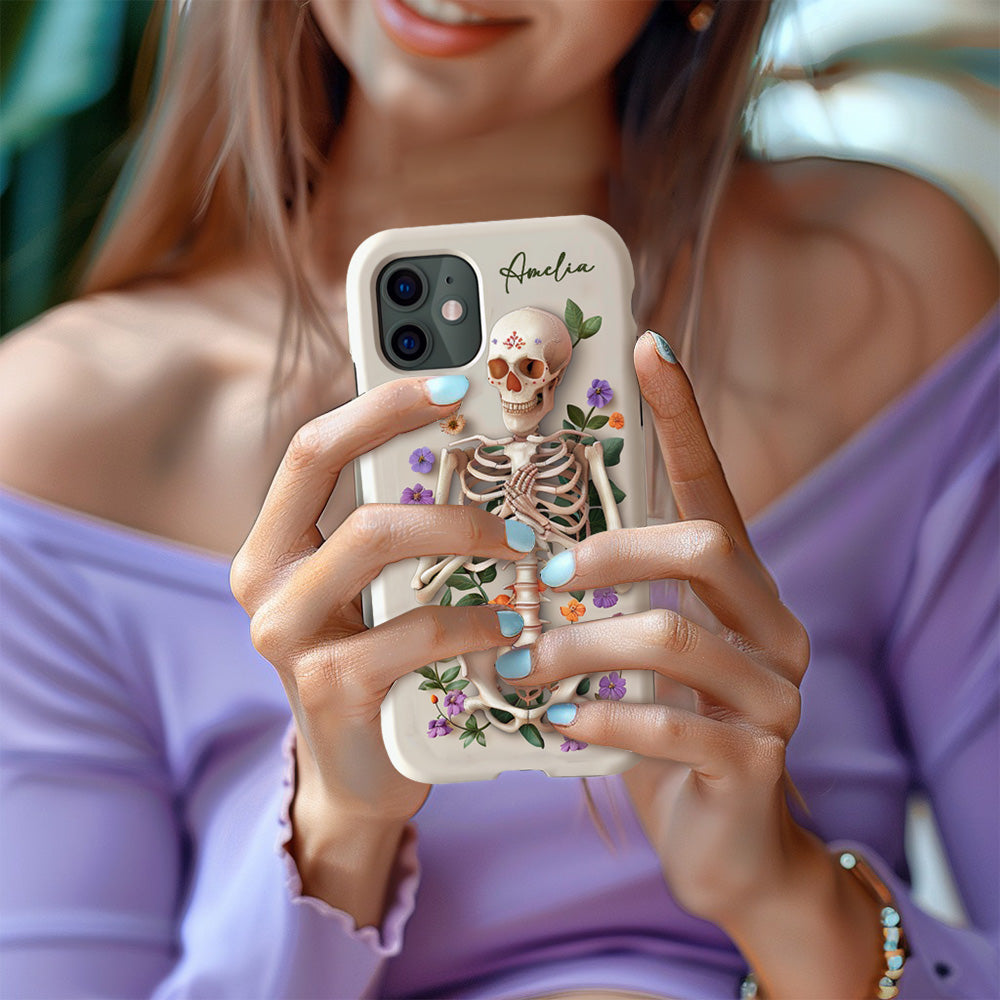Personalized Name Skeleton Floral Phone Case, Personalized with Name, Unique Halloween Design, iPhone, Pixel, Samsung