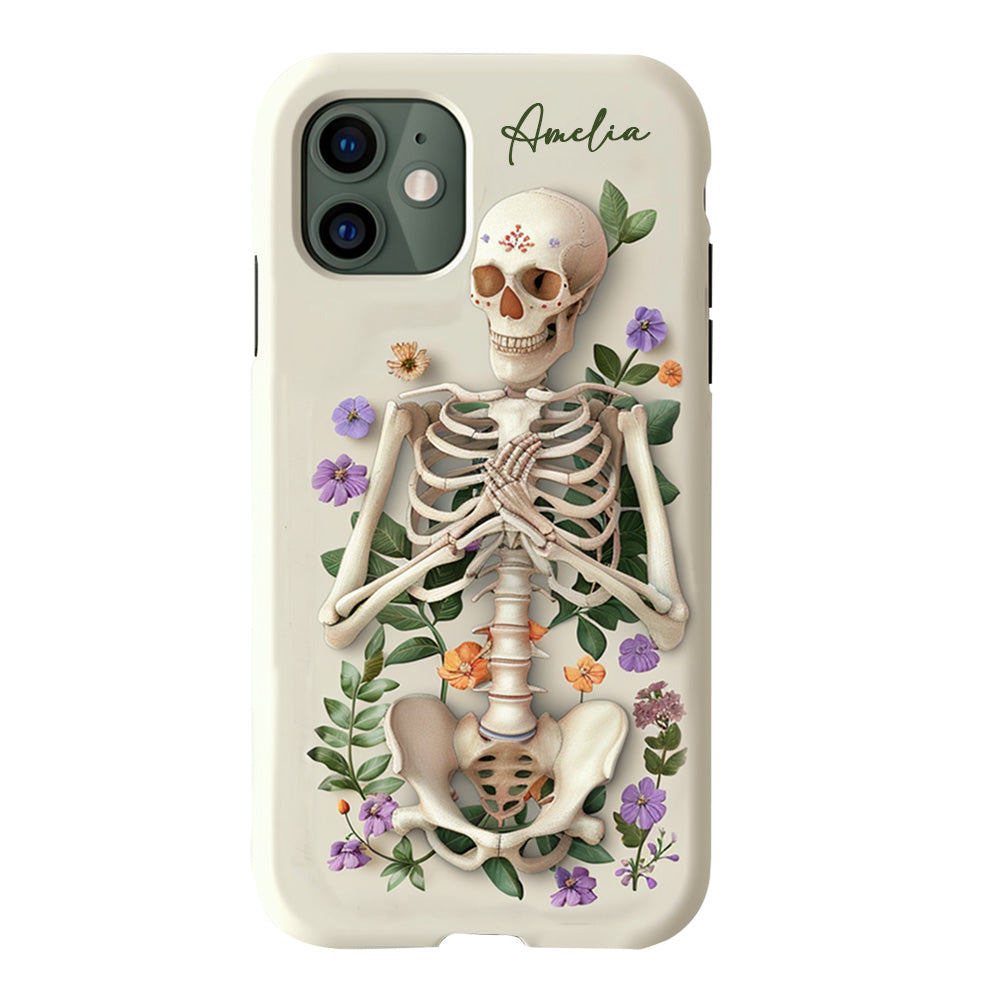 Personalized Name Skeleton Floral Phone Case, Personalized with Name, Unique Halloween Design, iPhone, Pixel, Samsung
