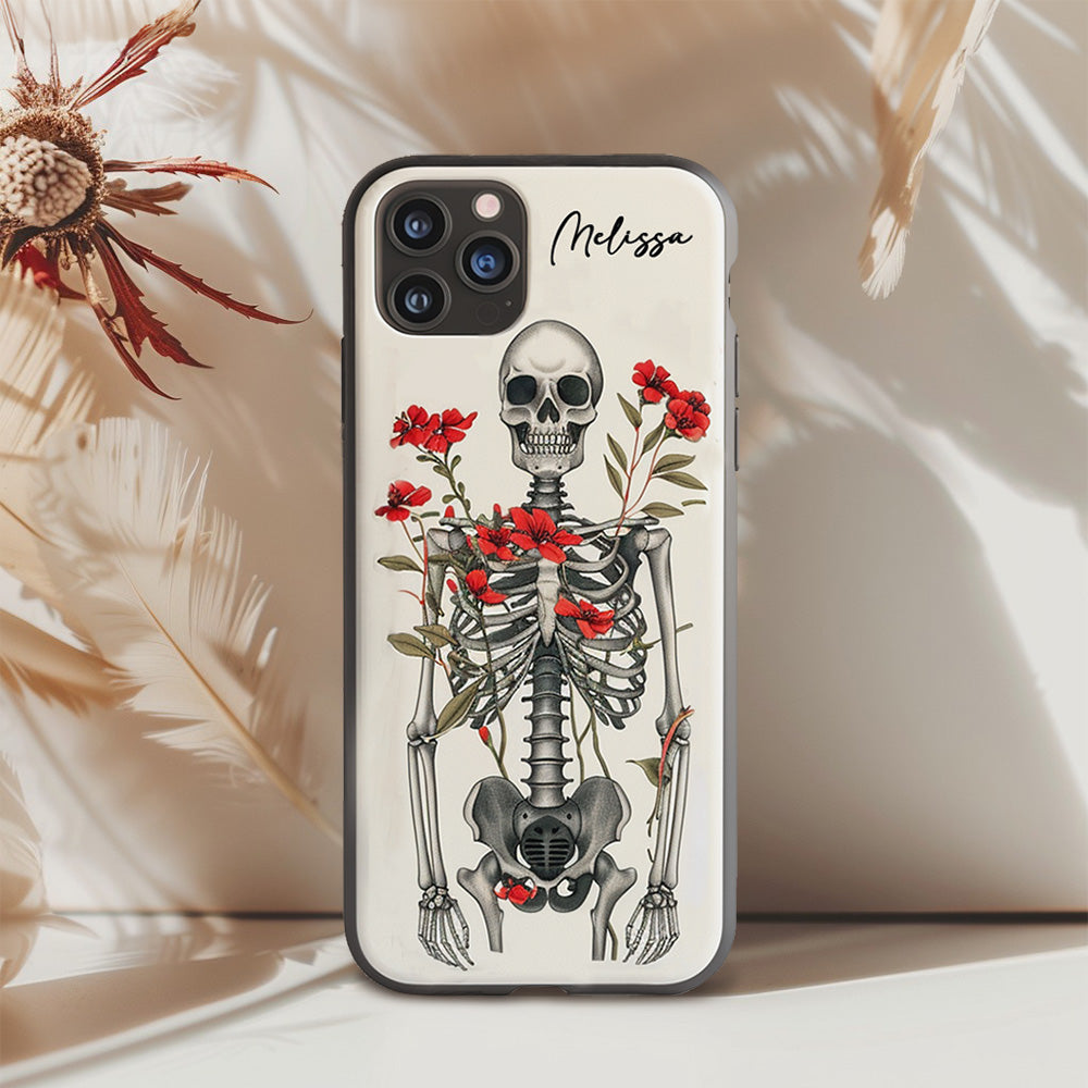 Personalized Name Skeleton with Red Floral Design Phone Case, iPhone, Pixel, Samsung