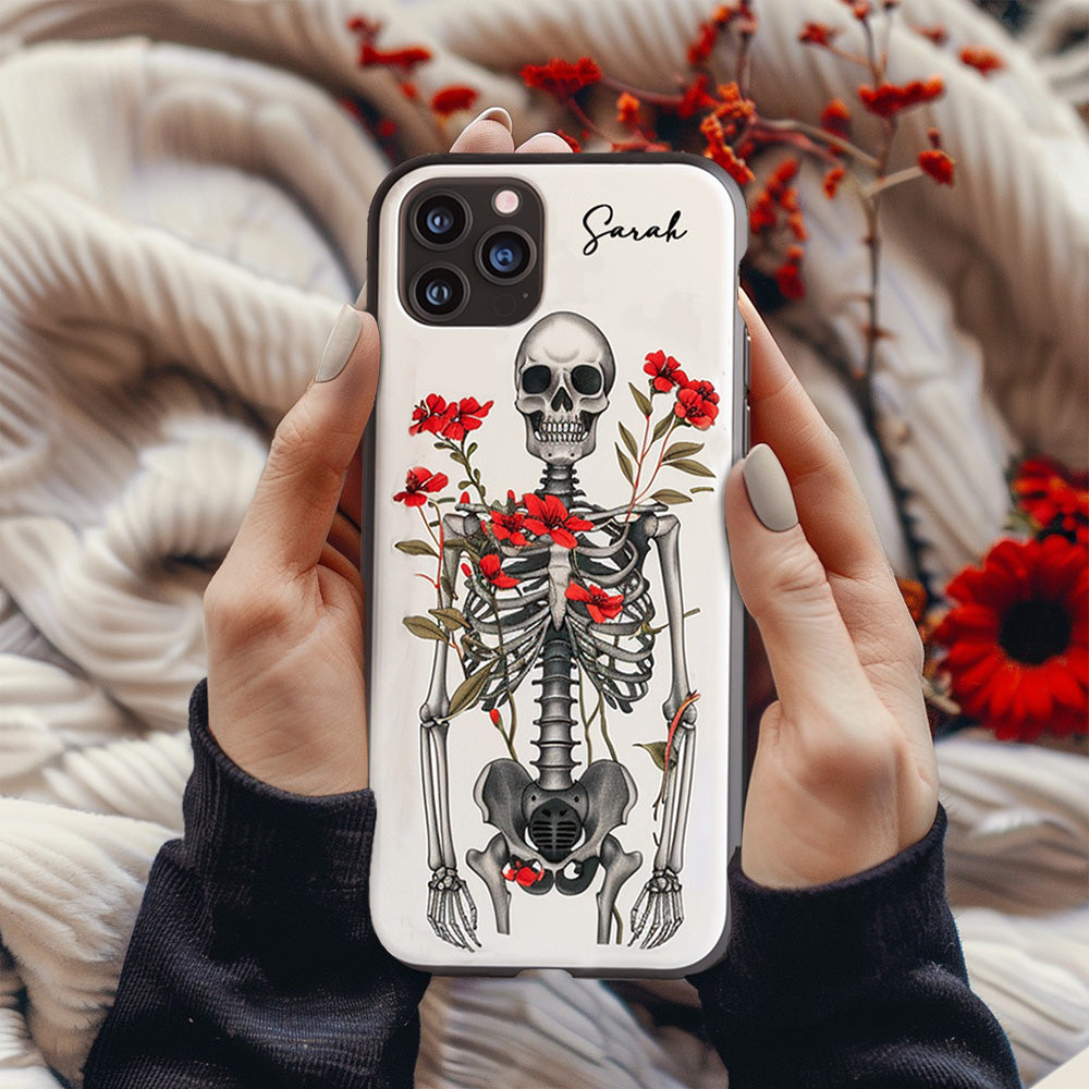 Personalized Name Skeleton with Red Floral Design Phone Case, iPhone, Pixel, Samsung