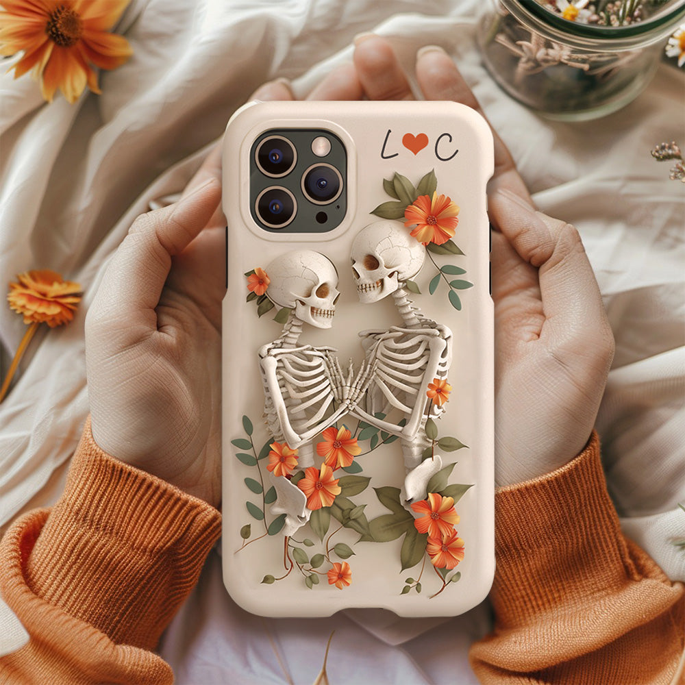 Personalized Initials Couple Skeletons with Orange Floral Design Phone Case, iPhone, Pixel, Samsung