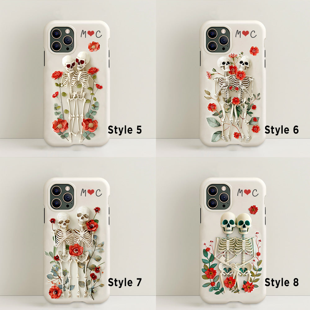 Personalized Initials Couple Skeletons Phone Case with Multiple Styles Available Design, iPhone, Pixel, Samsung